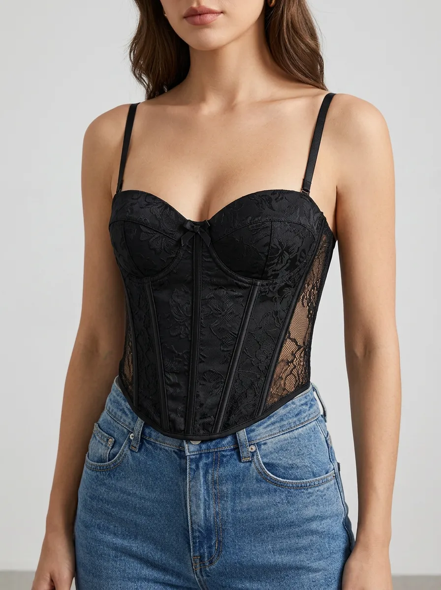 Floral-Lace Boned Sheer-Panel Women's Corset Top