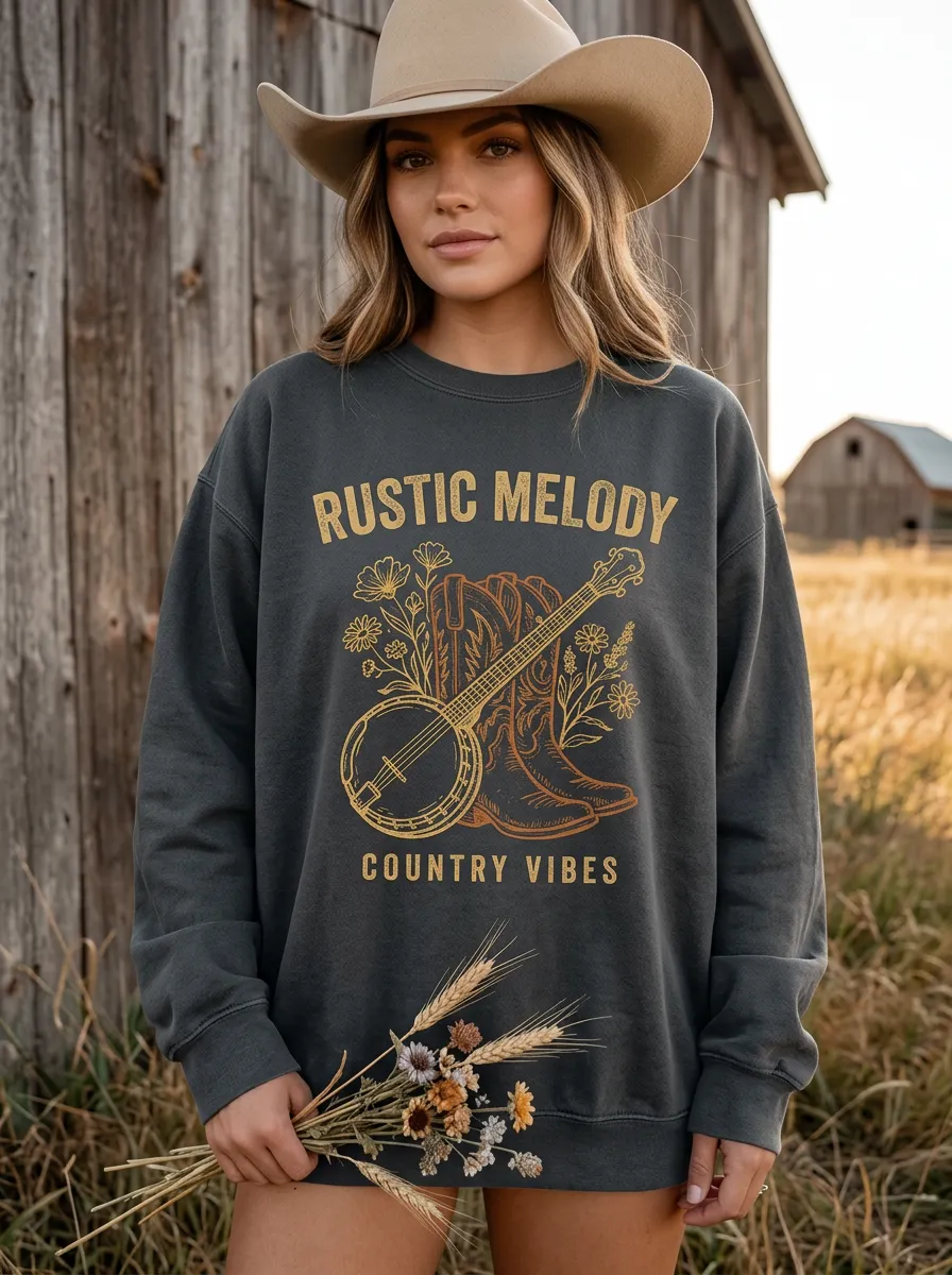 Country Music Banjo Cowboy Boot Floral Crew Neck Sweatshirt