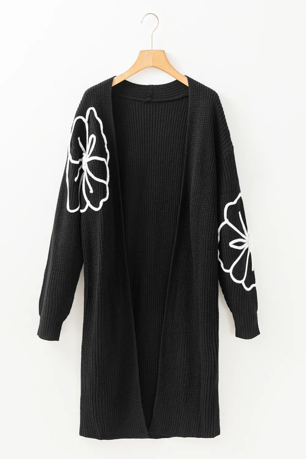 Flower Embroidered Drop Shoulder Open Front Duster Cardigan