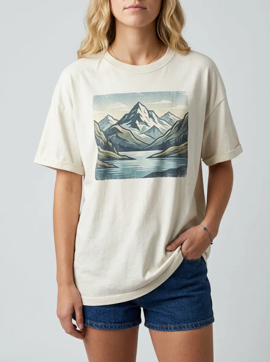 Women's Mountain Lake Landscape Printed T-Shirt