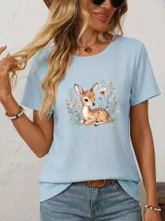 Deer Floral Nature Women's Loose Printed T-Shirt