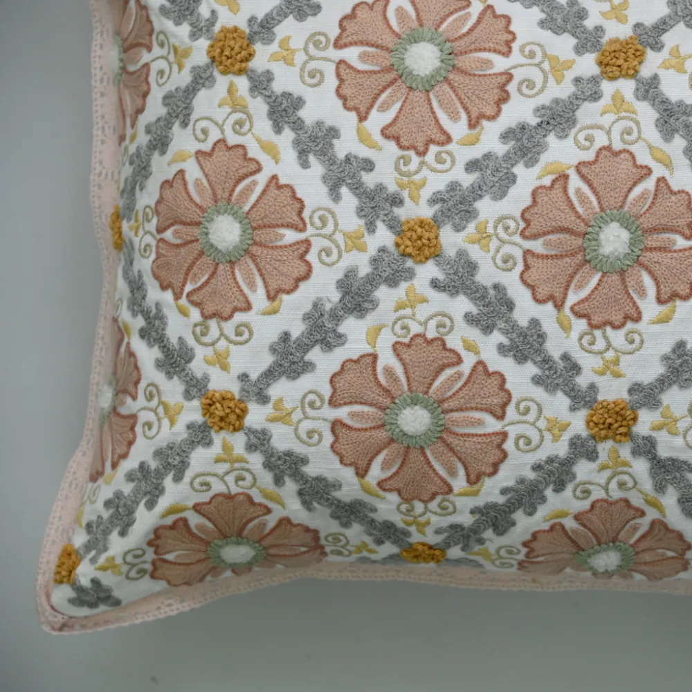 Embroidered Floral Botanical Cotton Decorative Cushion Cover