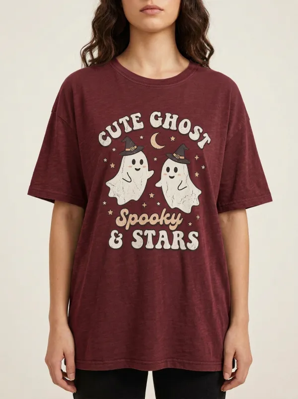 Women's Halloween Ghost Witch Hat Stars Printed T-shirt