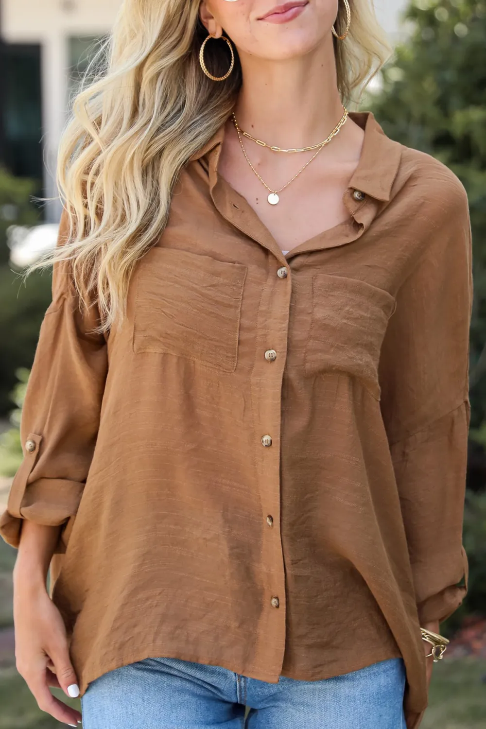 Slight Stretch Button-Up Blouse