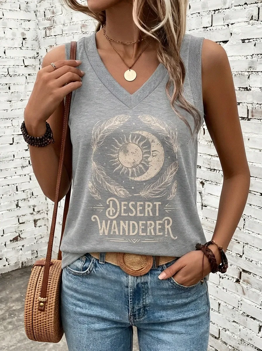 Women's Desert Wanderer Sun Moon Feather Printed Tank Top