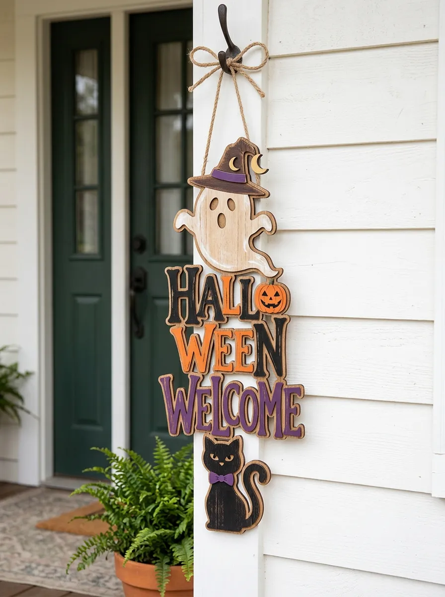 Halloween Ghost Pumpkin Cat Hanging Door Sign