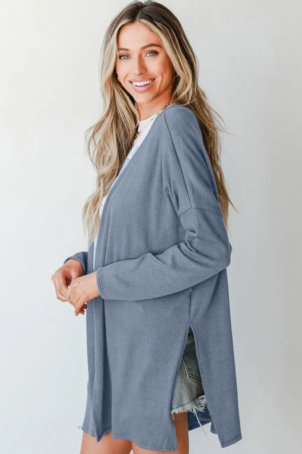 Solid Rib Knit Open Front Tunic Cardigan