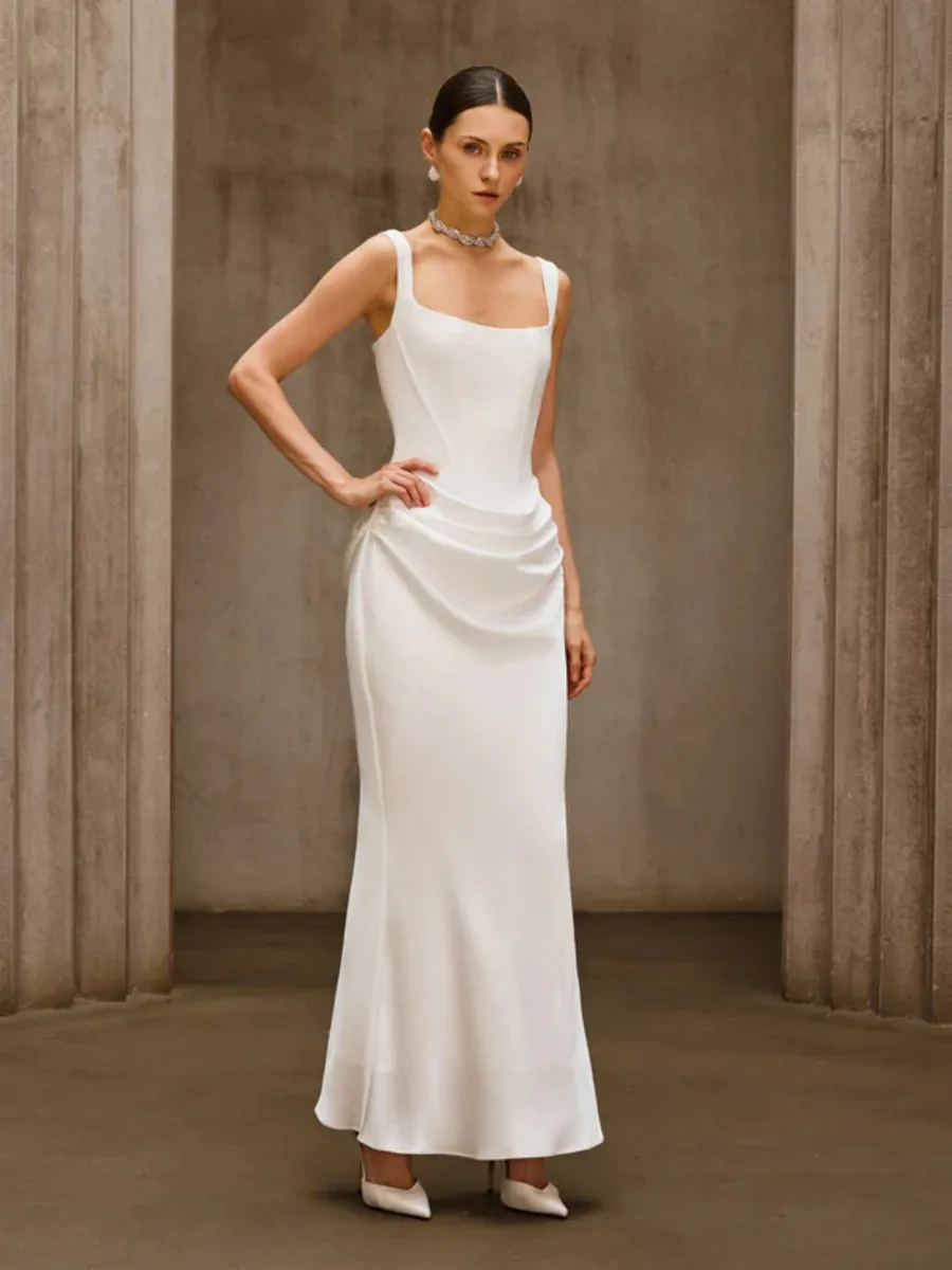 Brianna  Corset-Style Satin Draped Maxi Dress in  White