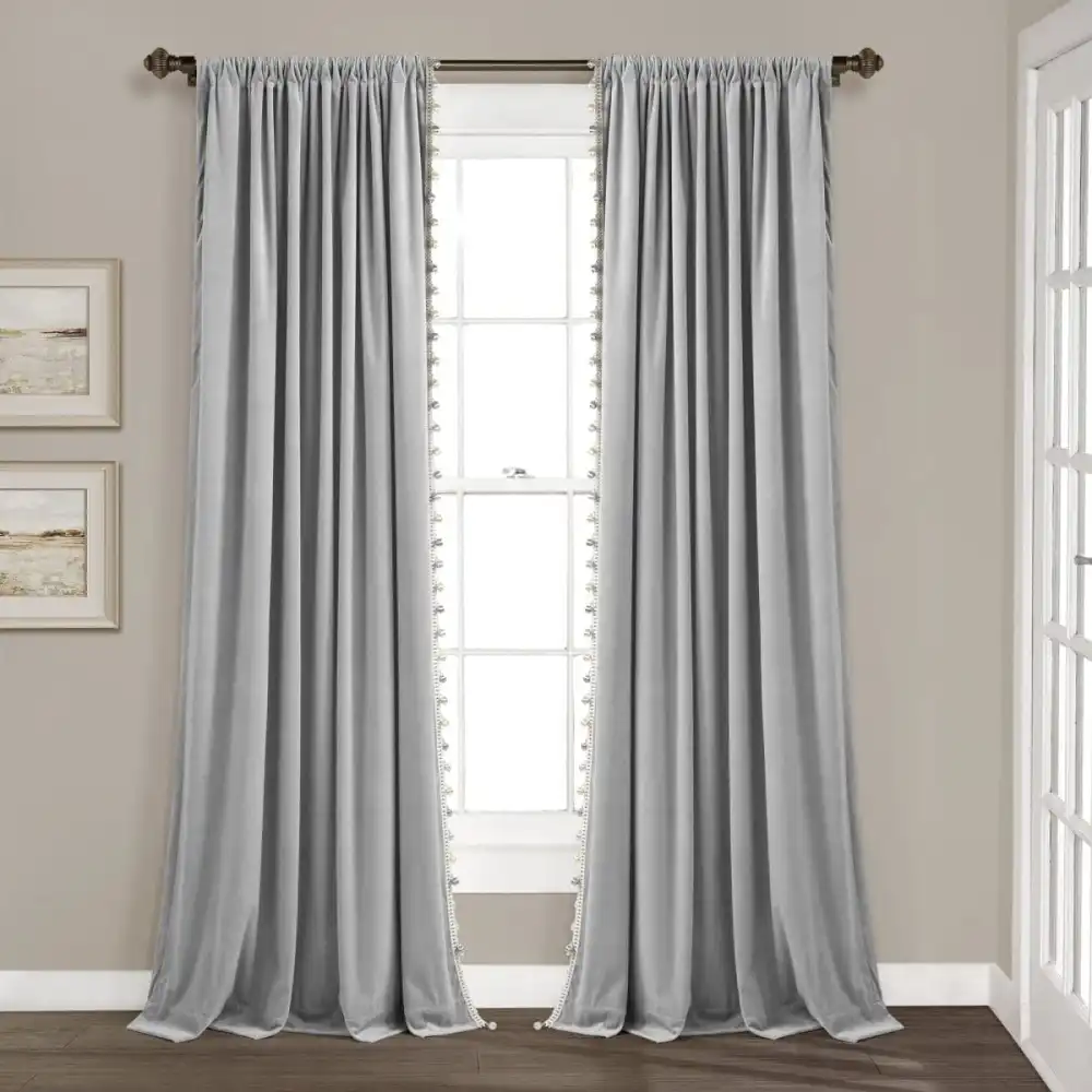 Mid Century Geometric Velvet Light Filtering Rod Pocket Pompom Trim Curtain Panel