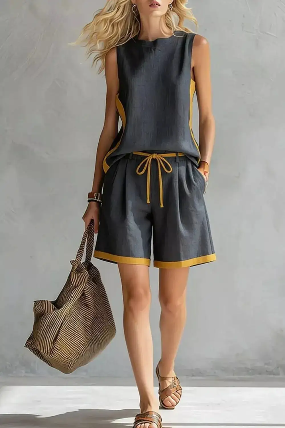 Contrast Trim Tank Shorts Set
