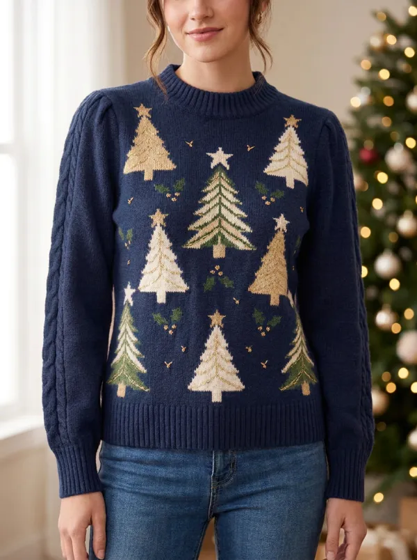 Christmas Holiday Gold Tree Pattern Knitted Sweater