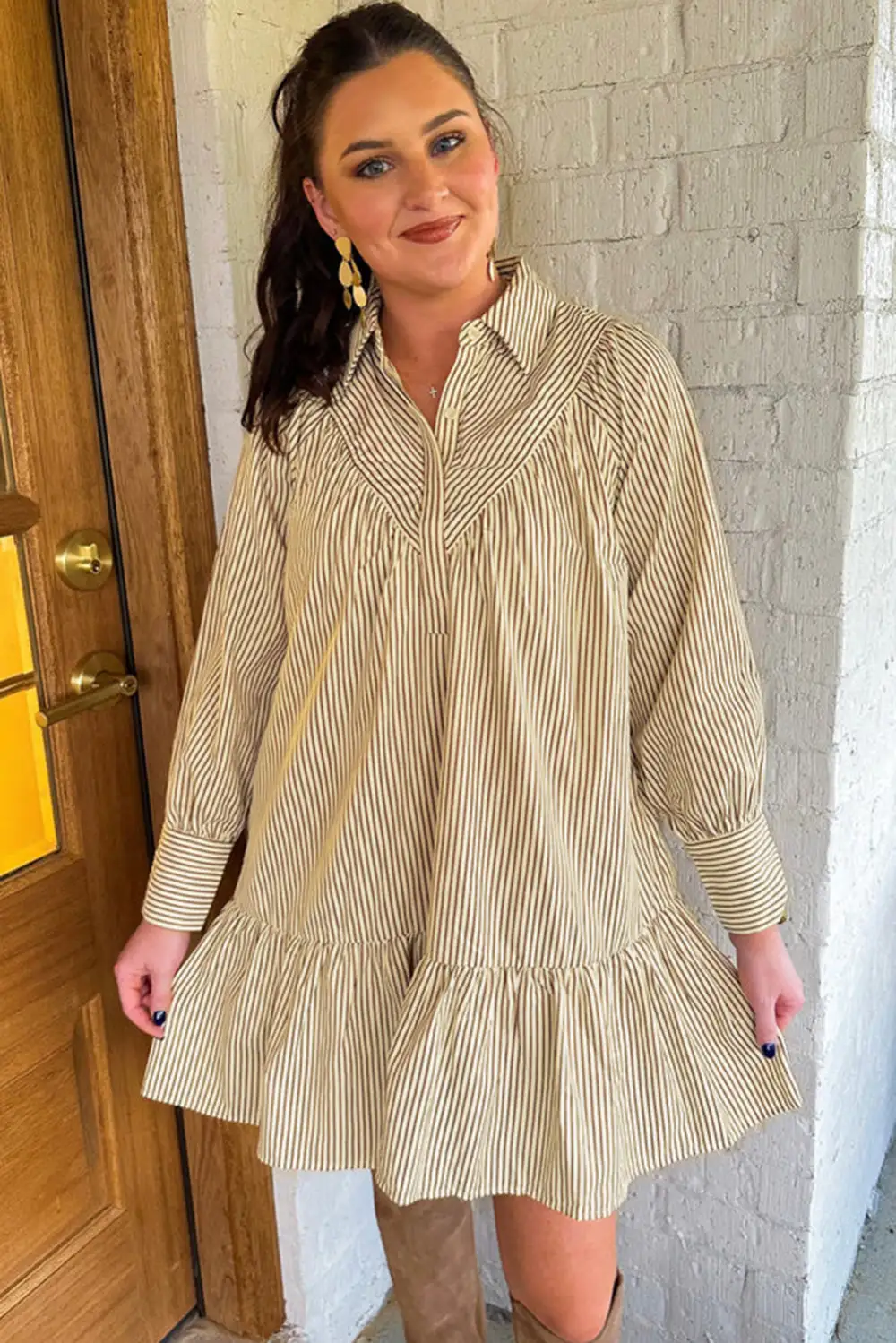 Smooth Finish Striped Long Sleeve Collared Mini Dress