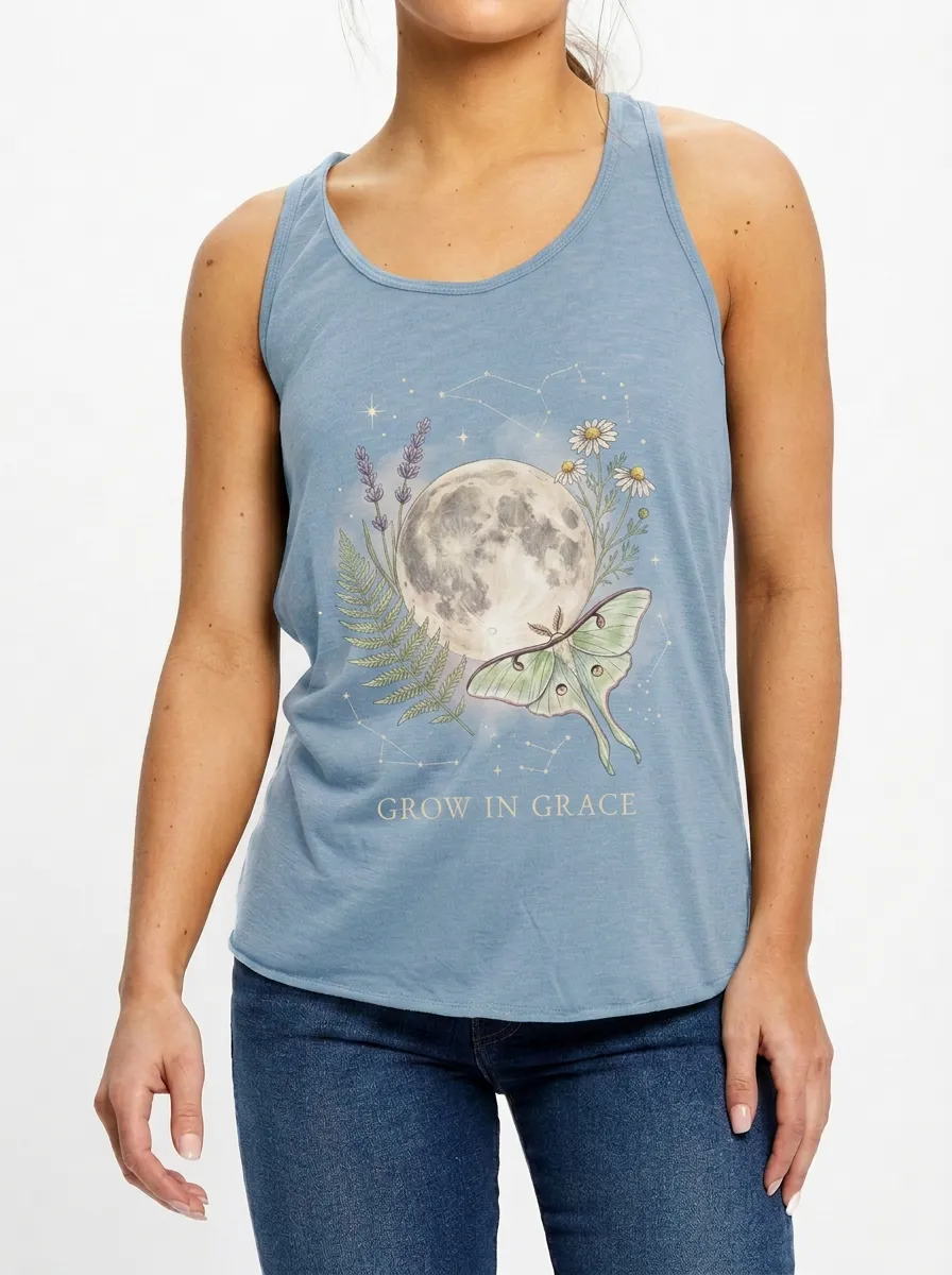 Women's Celestial Moth Moon Floral Printed Tank Top