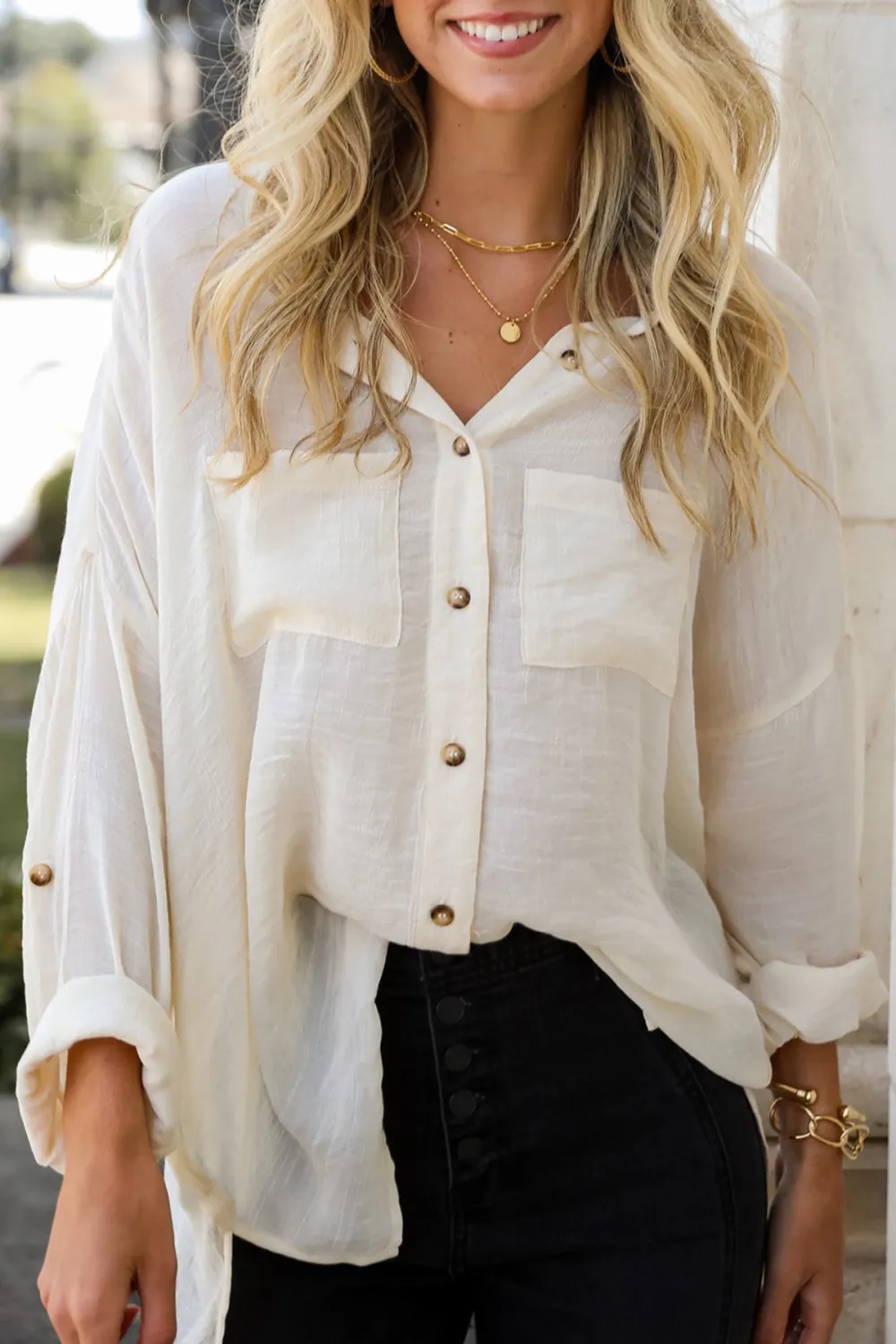 Polyester Button-Up Blouse