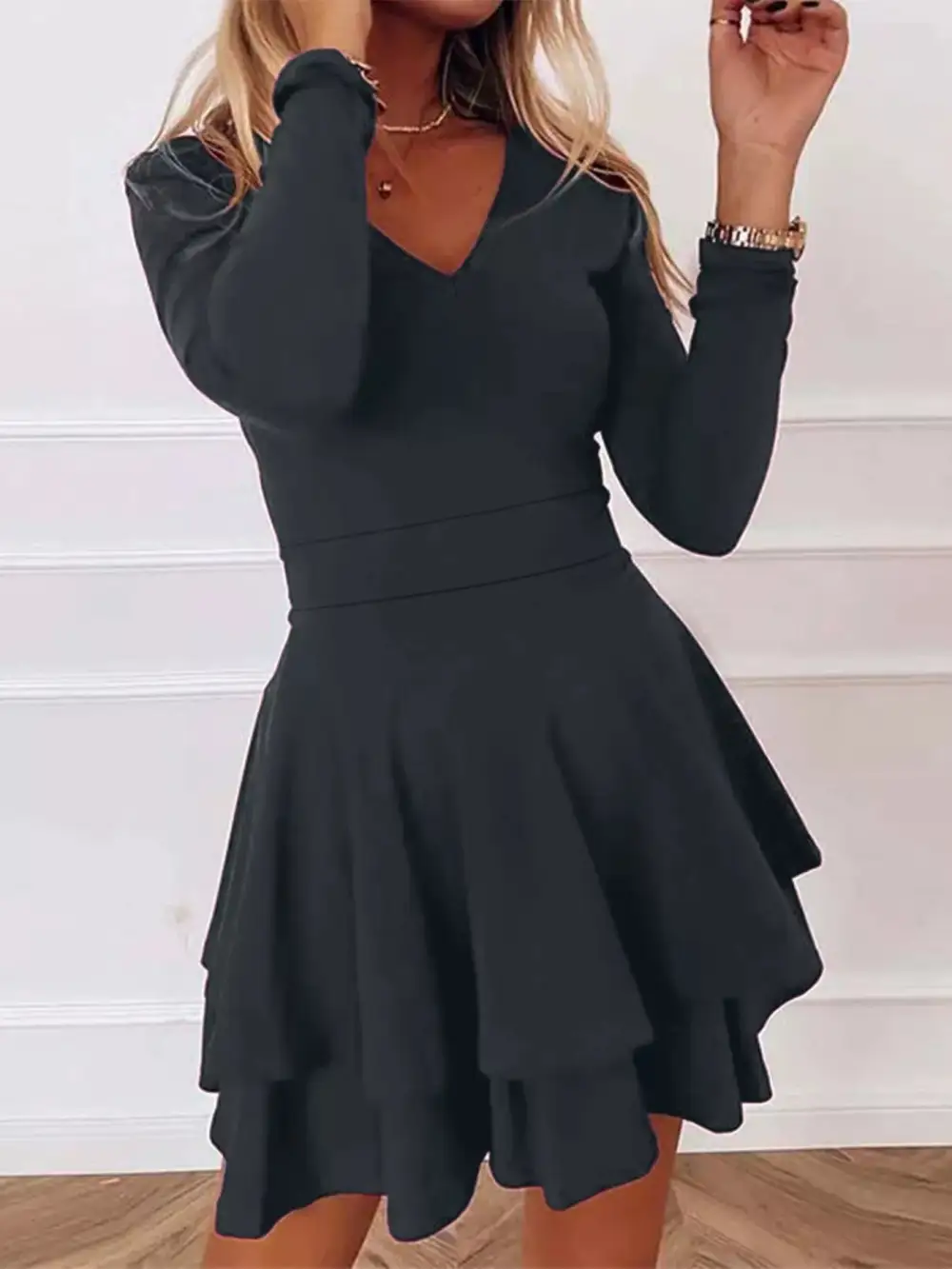 Finish V Neck Ruffle Mini Dress