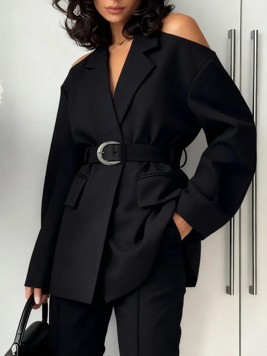Long Sleeve Relaxed Belted Solid Color Split Blazer