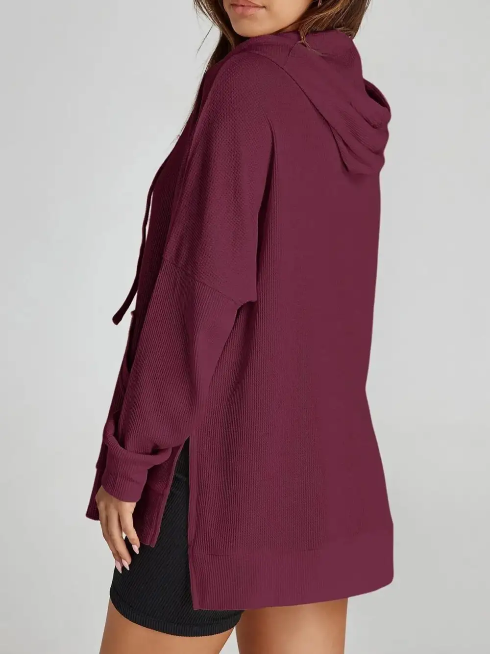 Tailored Drawstring Pocketed Waffle-Textured Knit Hoodie