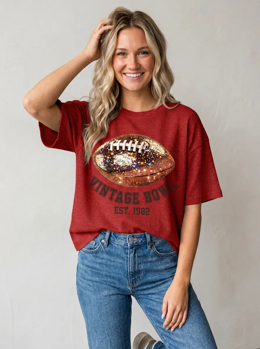 Women's Gridiron Ball Bow Sparkle Crewneck T-Shirt