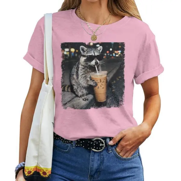 Raccoon Drinking Iced Coffee Animal Meme Raccoon Women T-shirt