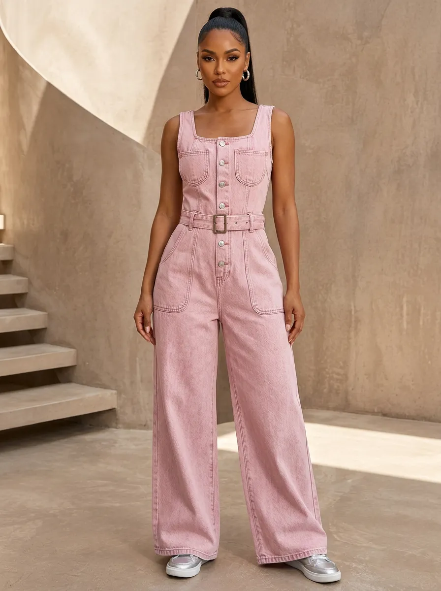 Pink Button-Front Denim Jumpsuit