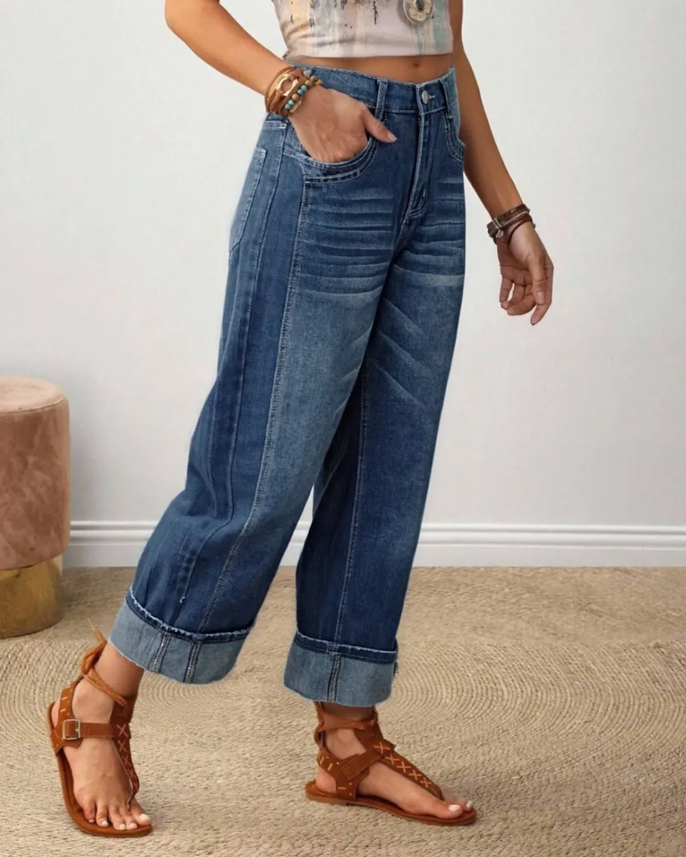 Rolled Raw-Hem Mid-Rise Crop Jeans