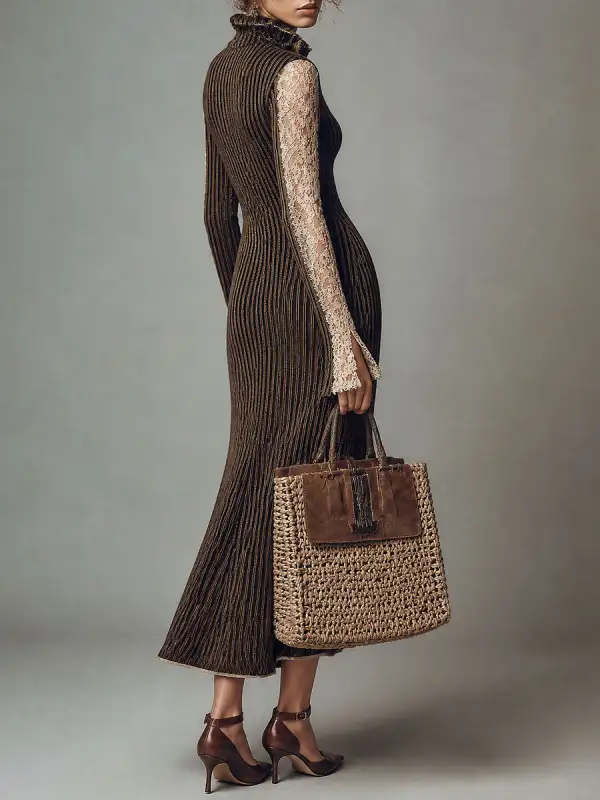 Boho Striped Zip-Up High Neck Knit Maxi Dress with Lace Sleeve Detail