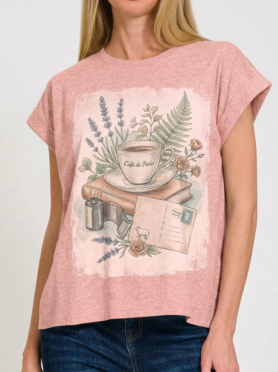 Women's Paris Cafe Book Floral Film Printed T-shirt
