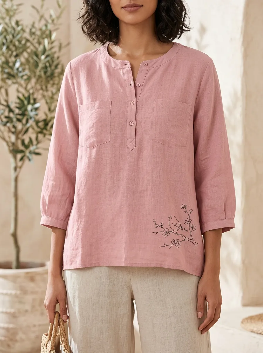 Women's Nature Lover Bird on Branch Cotton And Linen Blend Top