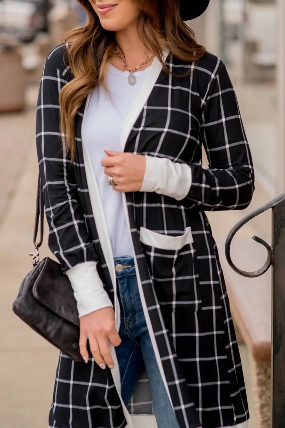 Plaid Color Block Edge Open Pocketed Cardigan