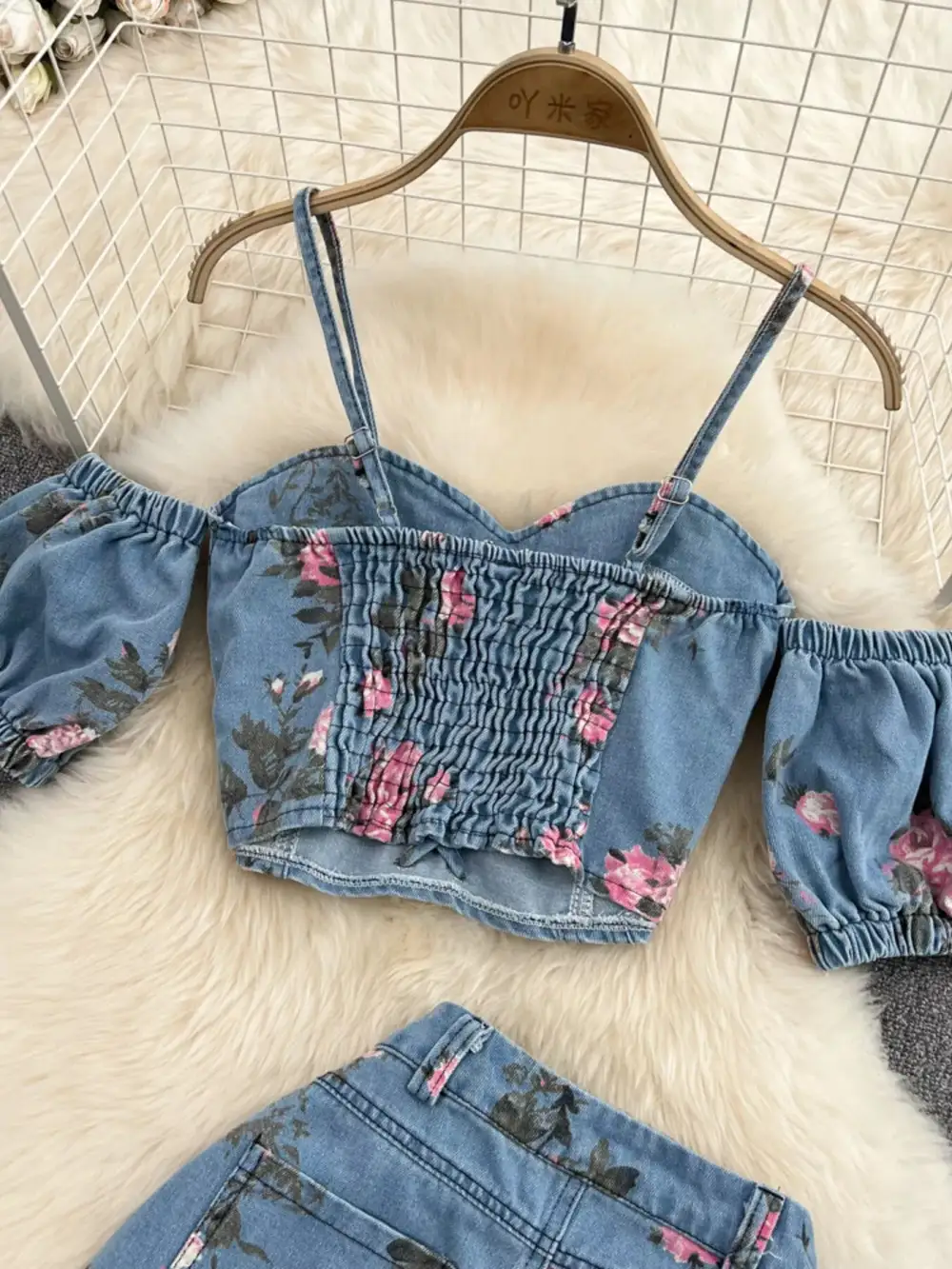 Smocked Denim Coordinated Set Pants