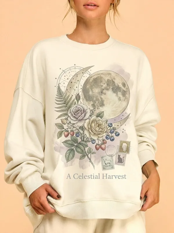 Women's Celestial Harvest Moon Floral Strawberry Printed Sweatshirt
