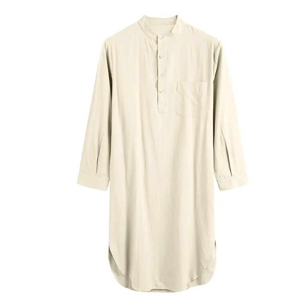 Men's Long Loose Shirt With Stand-up Collar Chest Pocket And Curved Hem