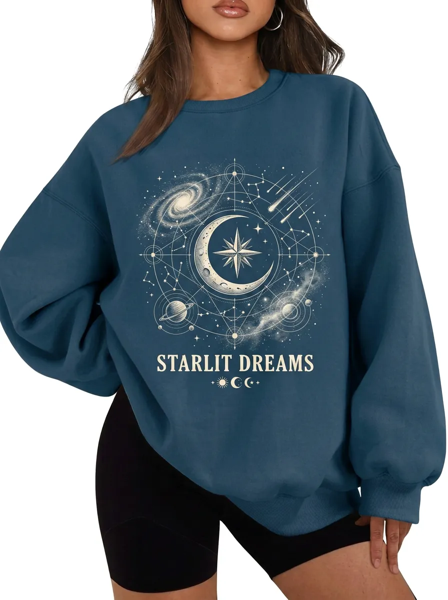 Women's Celestial Starlit Dreams Galaxy Moon Printed T-shirt