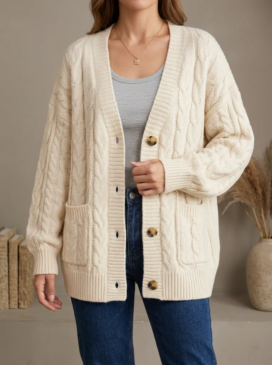Women's Minimal Cable Knit Button Front V Neck Cardigan