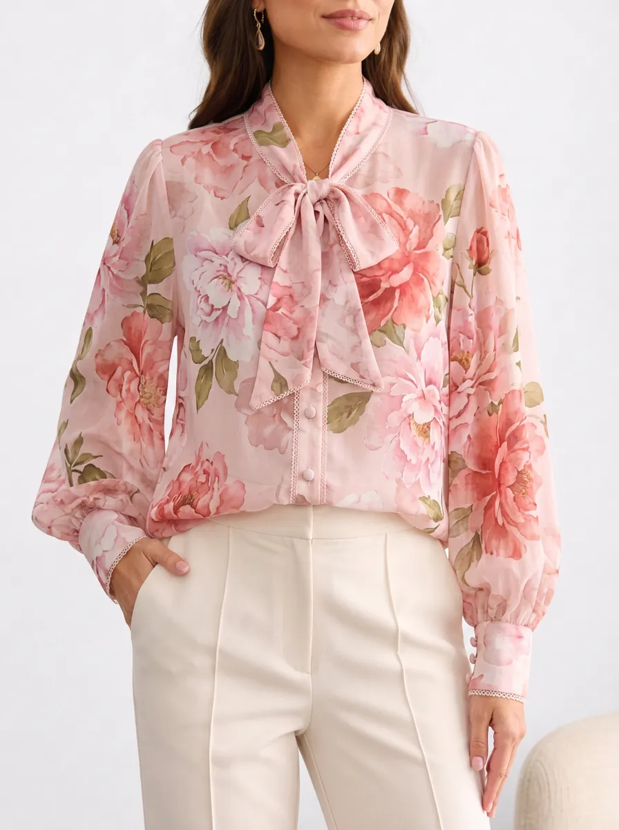 Women's Floral Pattern Bow Tie Neck Printed Blouse