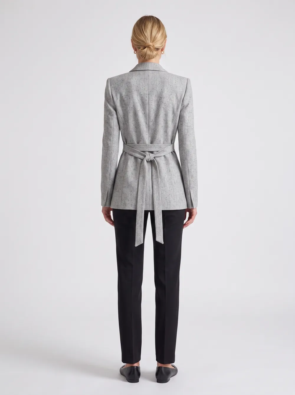 Women's Business Casual Grey Tweed Tie-Waist Blazer Jacket