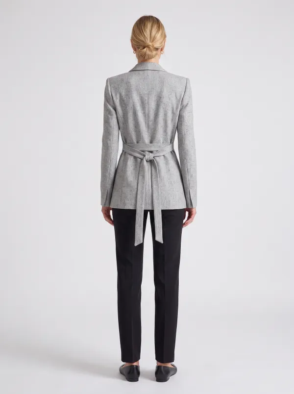 Women's Business Casual Grey Tweed Tie-Waist Blazer Jacket