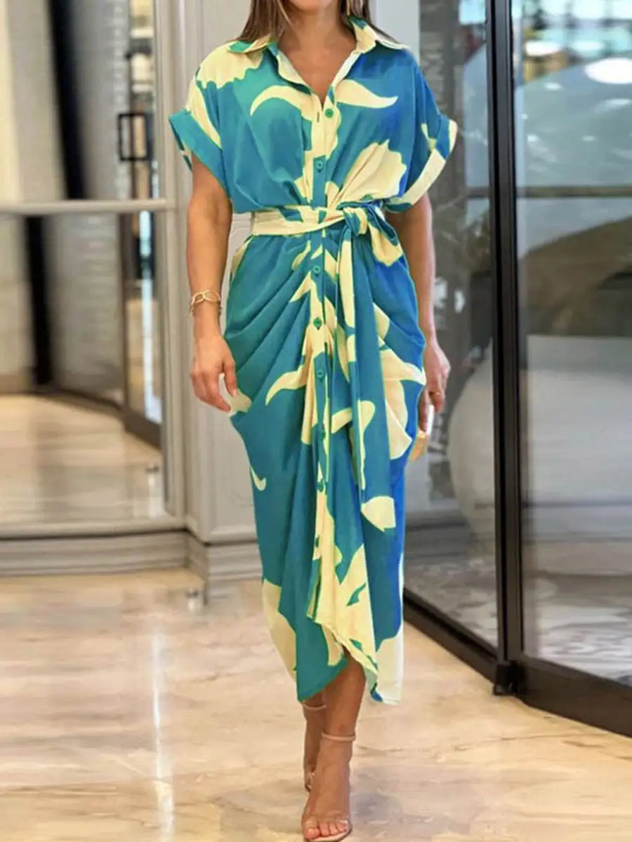 Elasticated Pleated Buttoned Shirt Maxi Dress