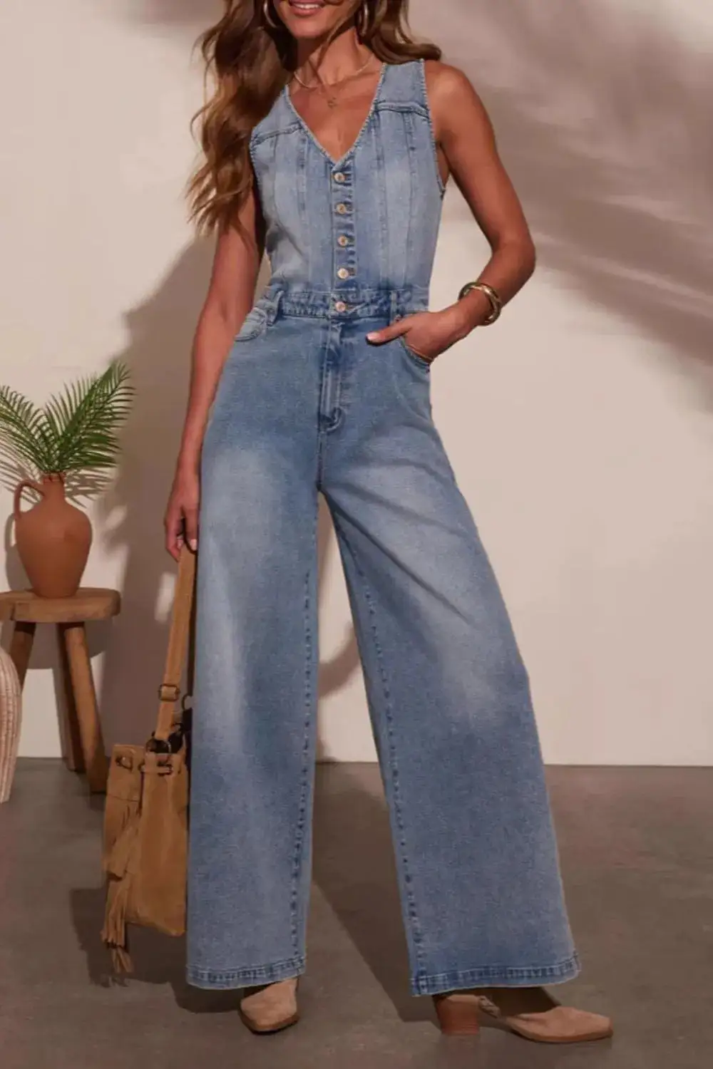 V Neck Wide Leg Jumpsuit Denim Pants