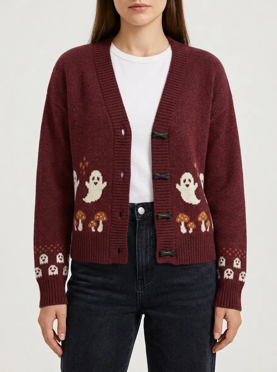 Women's Halloween Ghost Mushroom Pattern Knitted Cardigan
