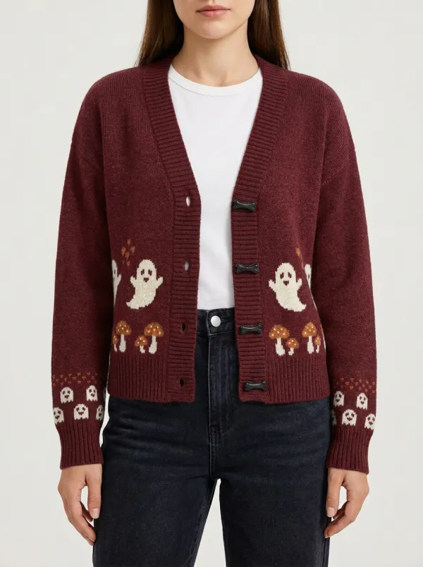 Women's Halloween Ghost Mushroom Pattern Knitted Cardigan