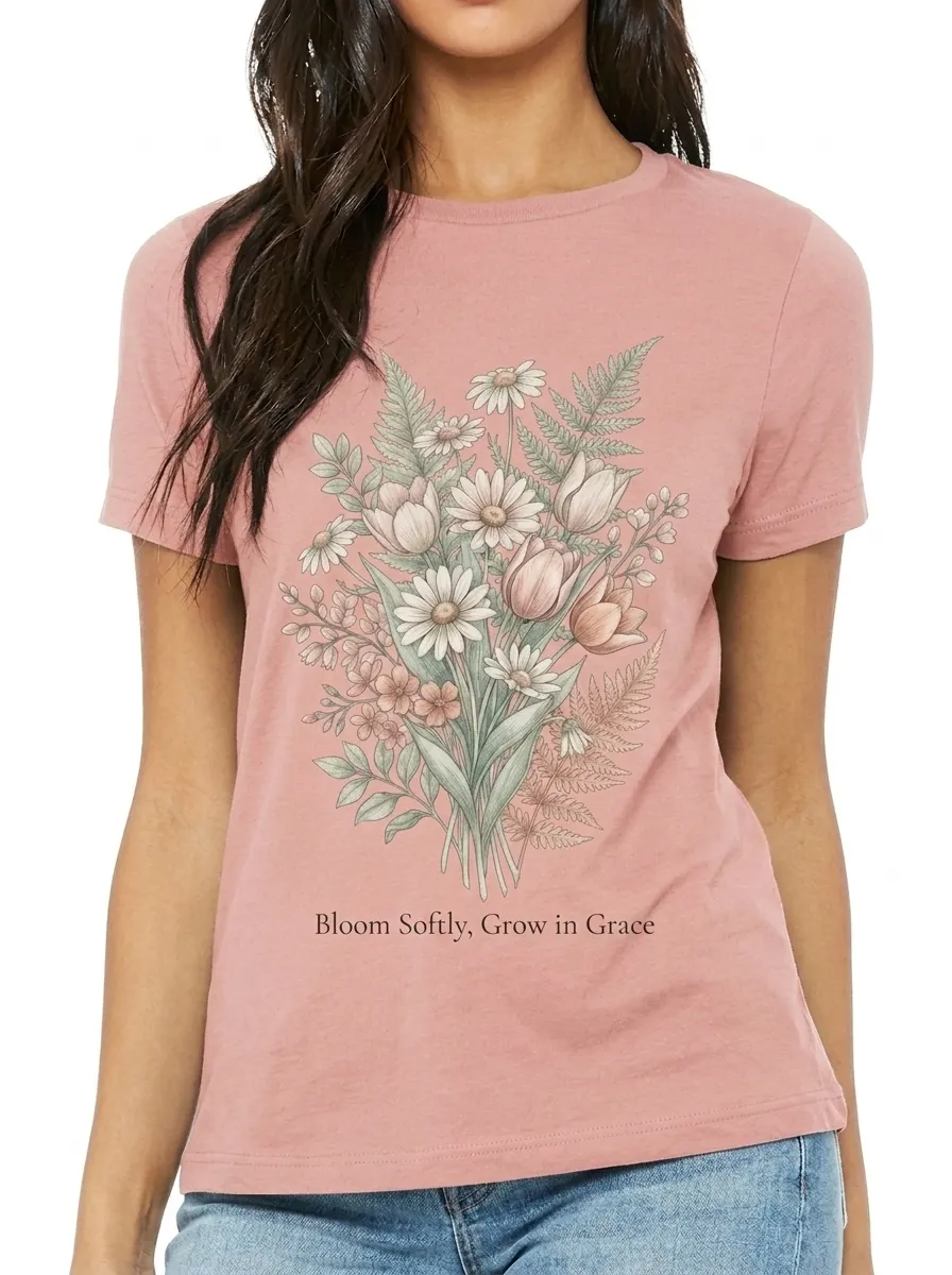Women's Floral Quote Bloom Softly Grow in Grace Printed T-shirt