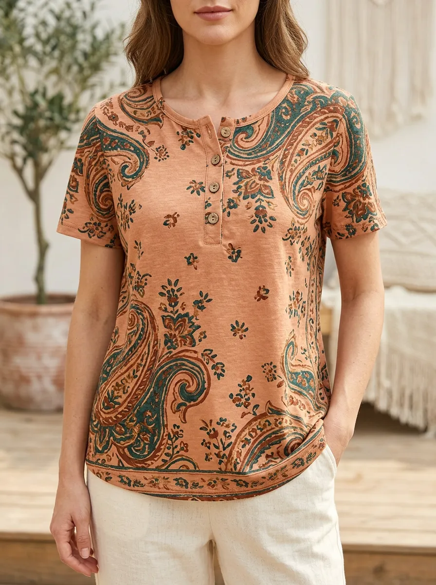 Women's Weekend Boho Paisley Floral Henley T-Shirt