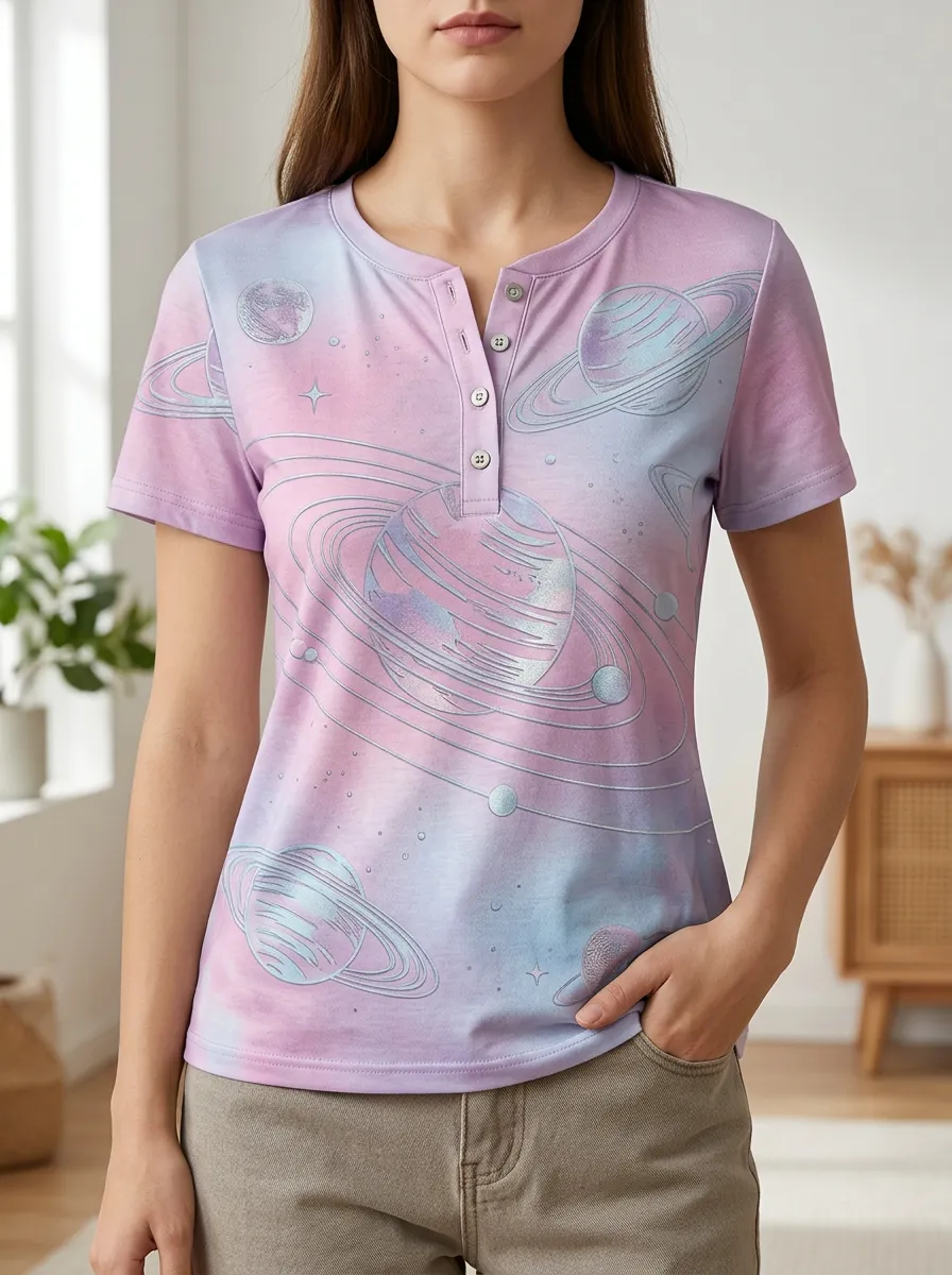 Women's Space Lover Planet Galaxy Printed Henley T-shirt