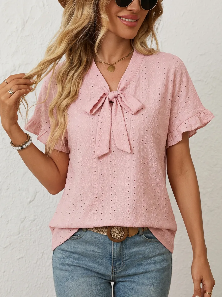 Women's Pink Bow Tie Eyelet Ruffle Sleeve Blouse