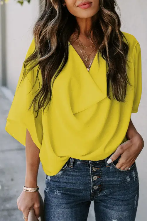 Summer Sleeve Wrap V Neck Draped Blouses