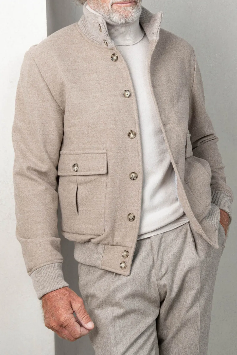 Beige Super 180'S Wool Flannel Bomber Jacket