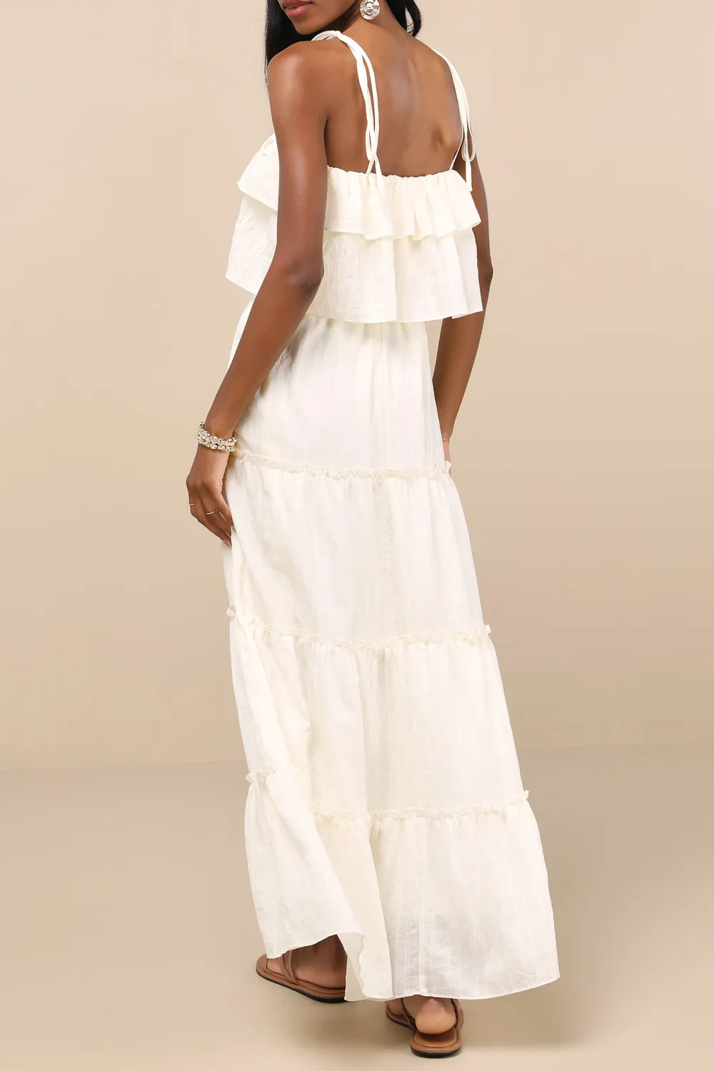 Casual Style  Ivory Textured Tie-Strap Tiered Maxi Dress