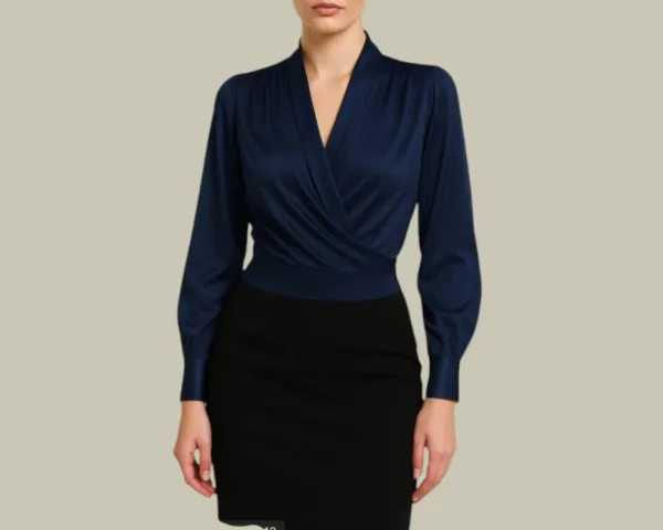 Wrap Front Long-Sleeve Satin Blouse