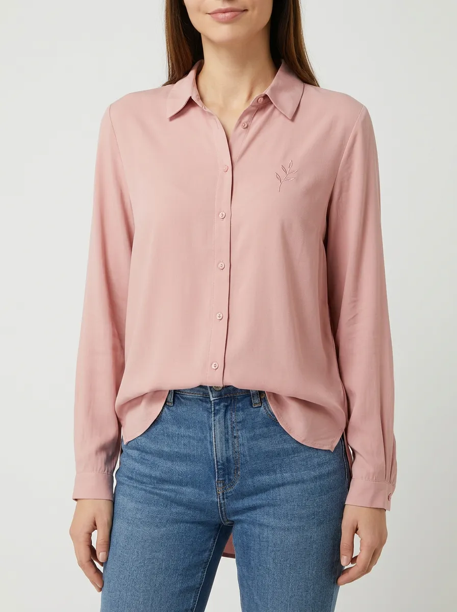 Women's Minimalist Leaf Embroidery Pink Button-down Shirt